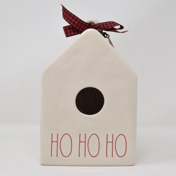 Rae Dunn Ho Ho Ho Birdhouse Ribbon Tag New Square Christmas Holiday White Red - Picture 1 of 11